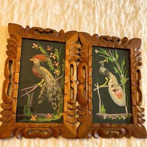Vintage Mexican Feather Art 1952 Hand carved cedar wood frame Set of 2
